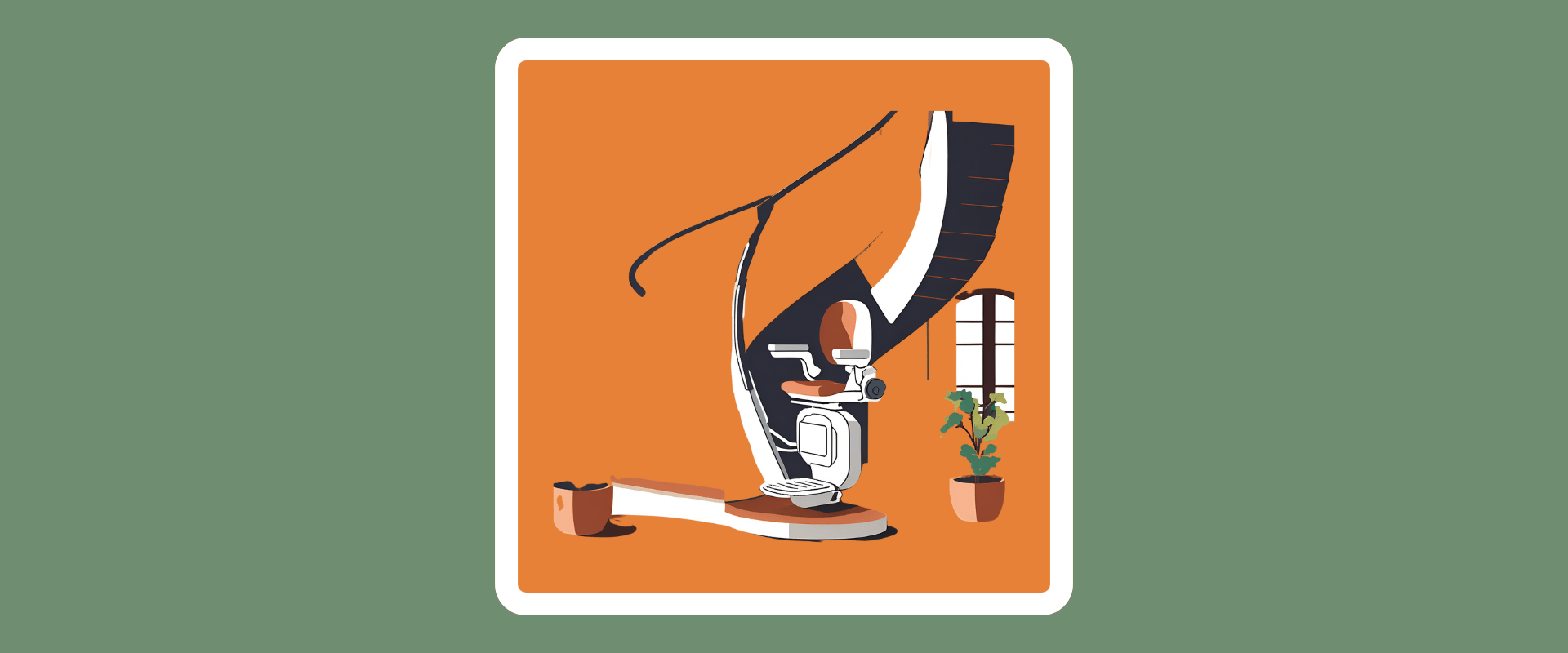 Artistic illustration of a curved stairlift installed on a spiral staircase in a warmly colored room with potted plants and arched windows.