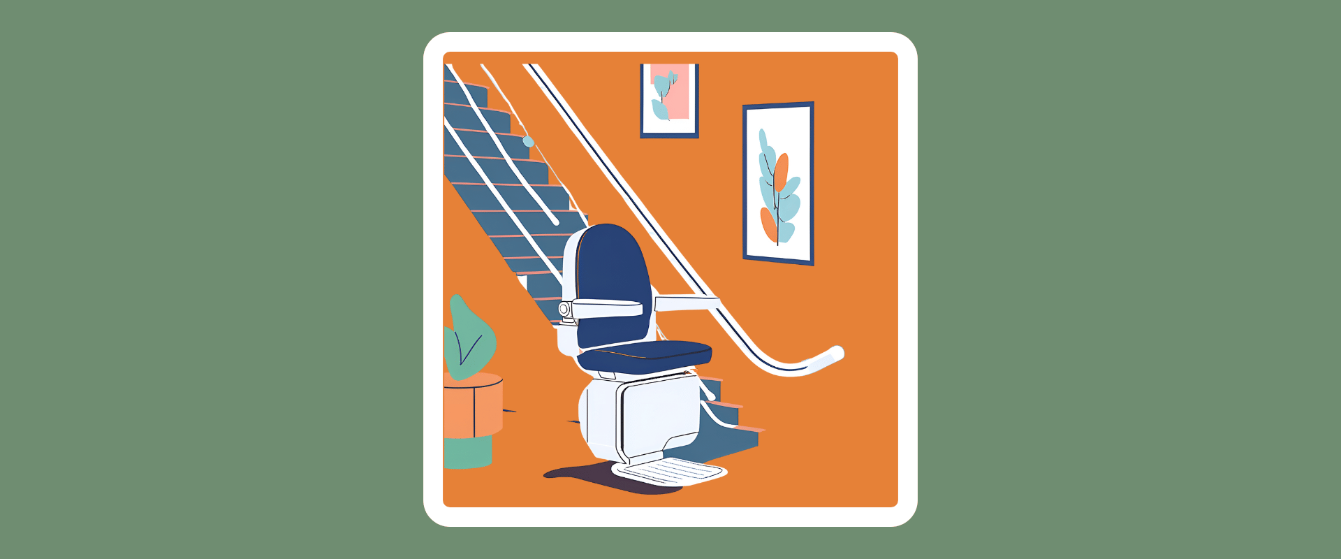 Illustration of a modern stairlift at the base of a staircase inside a warmly decorated home with framed art and a potted plant.