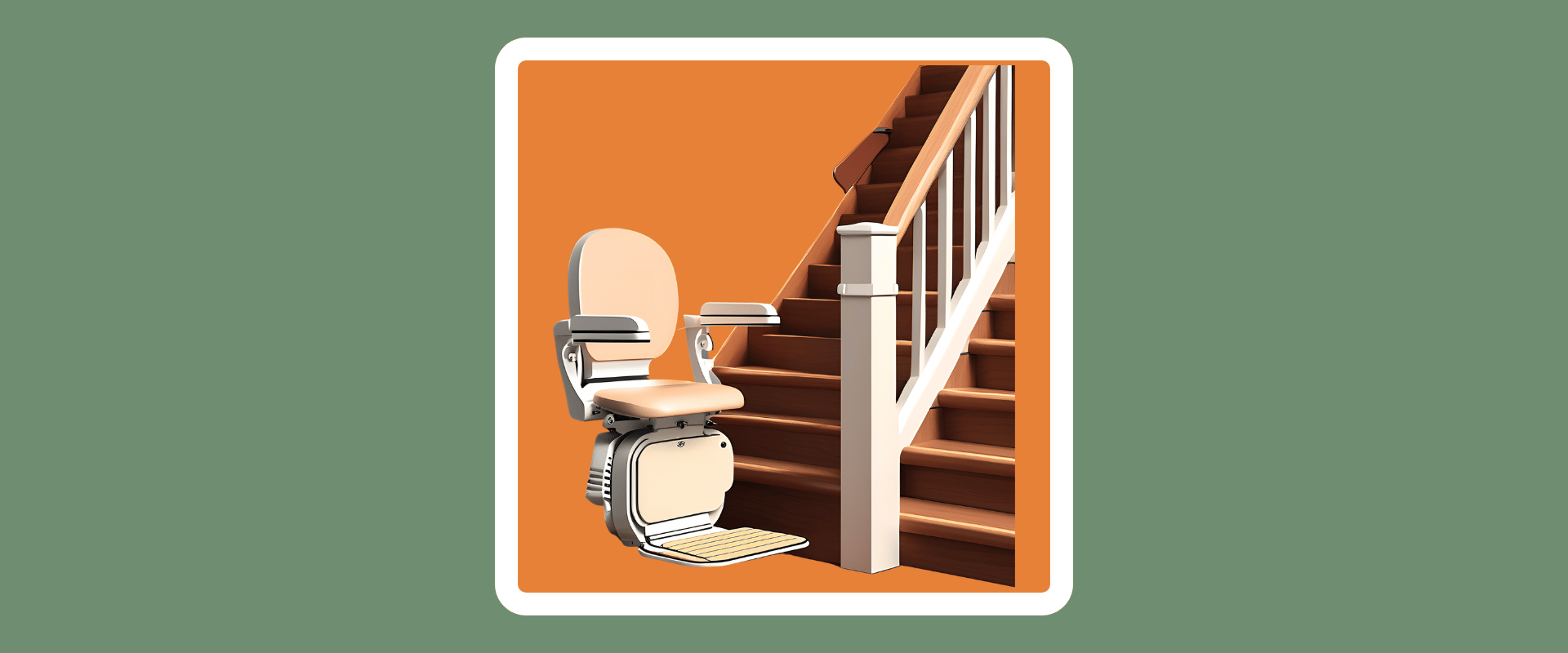 Illustration of a beige stairlift at the bottom of a wooden staircase with white railing, set against an orange background.