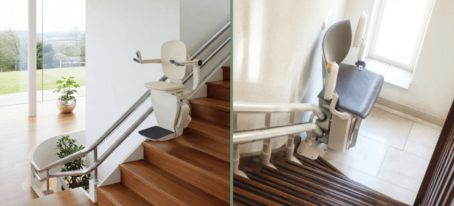 Two types of stairlifts installed on indoor staircases: the left shows a straight stairlift on wooden stairs with a modern open space in the background, and the right shows a curved stairlift fitted on a staircase with a turn, leading to a bright window.