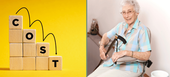 Wooden blocks stacked to spell the word 'COST' with a downward arrow indicating reduction, alongside an elderly woman smiling while seated on a stairlift in her home.