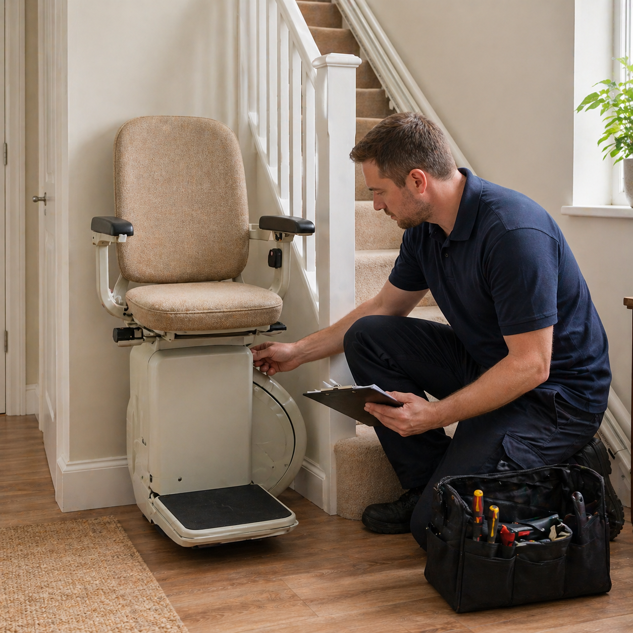 Engineer servicing a reconditioned stairlift in a UK home