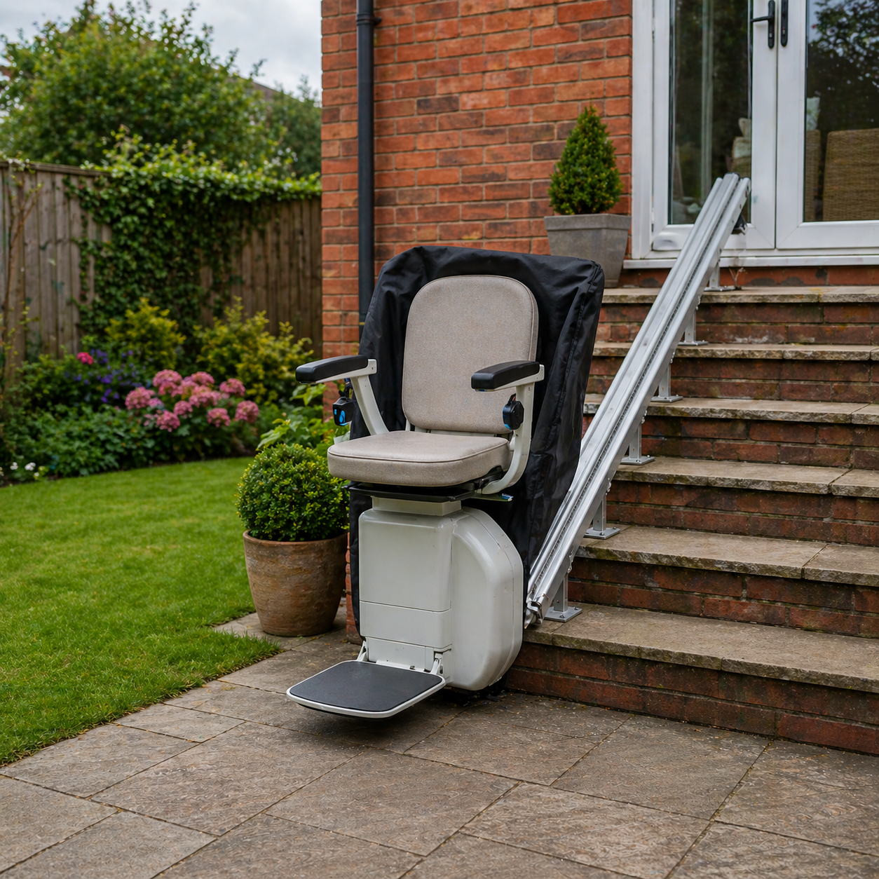 Outdoor stairlift on a UK garden patio with weatherproof seat cover and brick steps