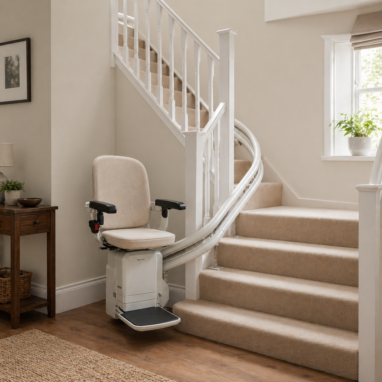 Curved stairlift fitted to a UK home staircase with a half-landing turn