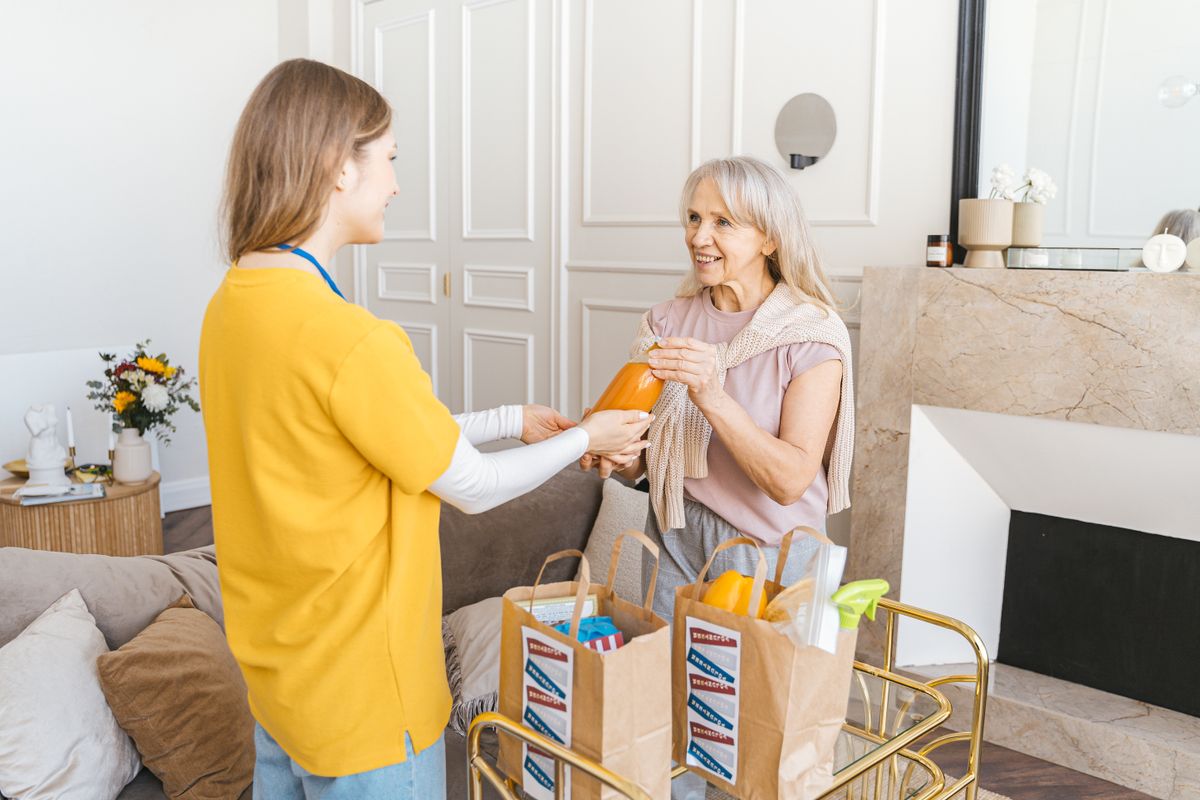 Carer visiting elderly woman at home | Stairlift Guru Carer visiting an elderly woman in her living room
