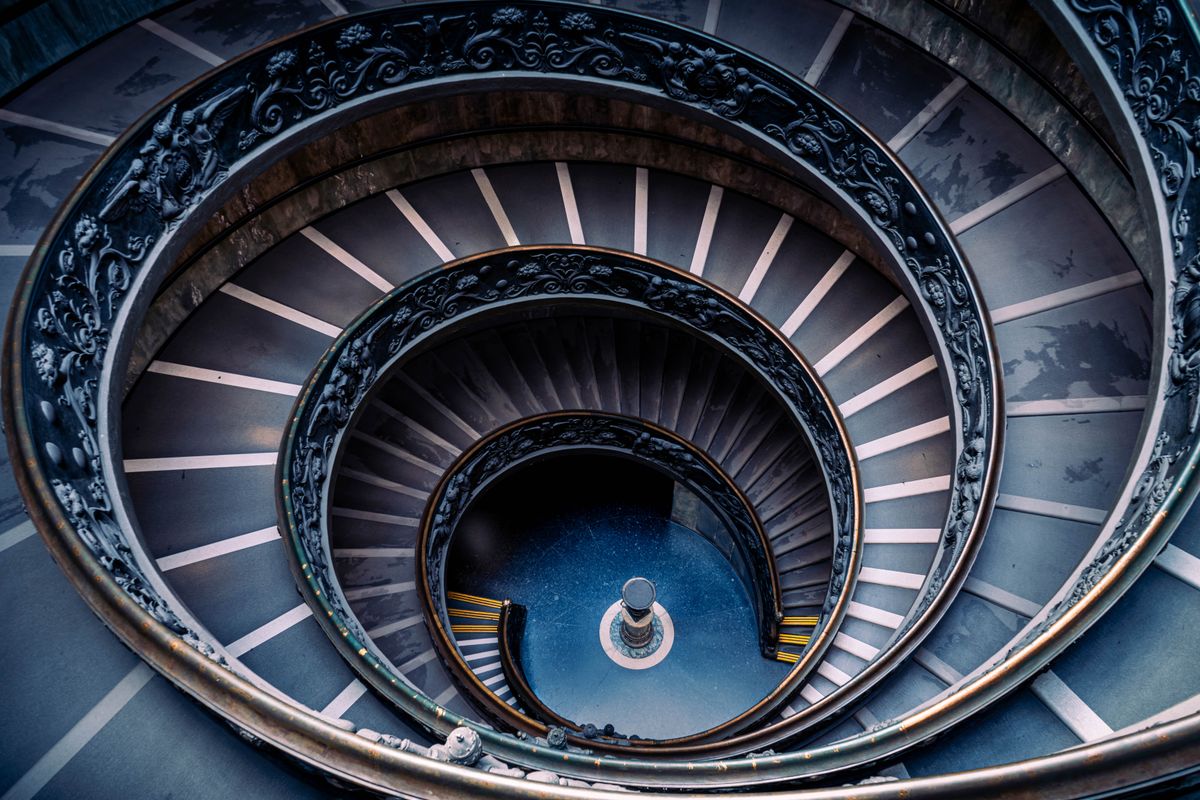A helical staircase seen from below