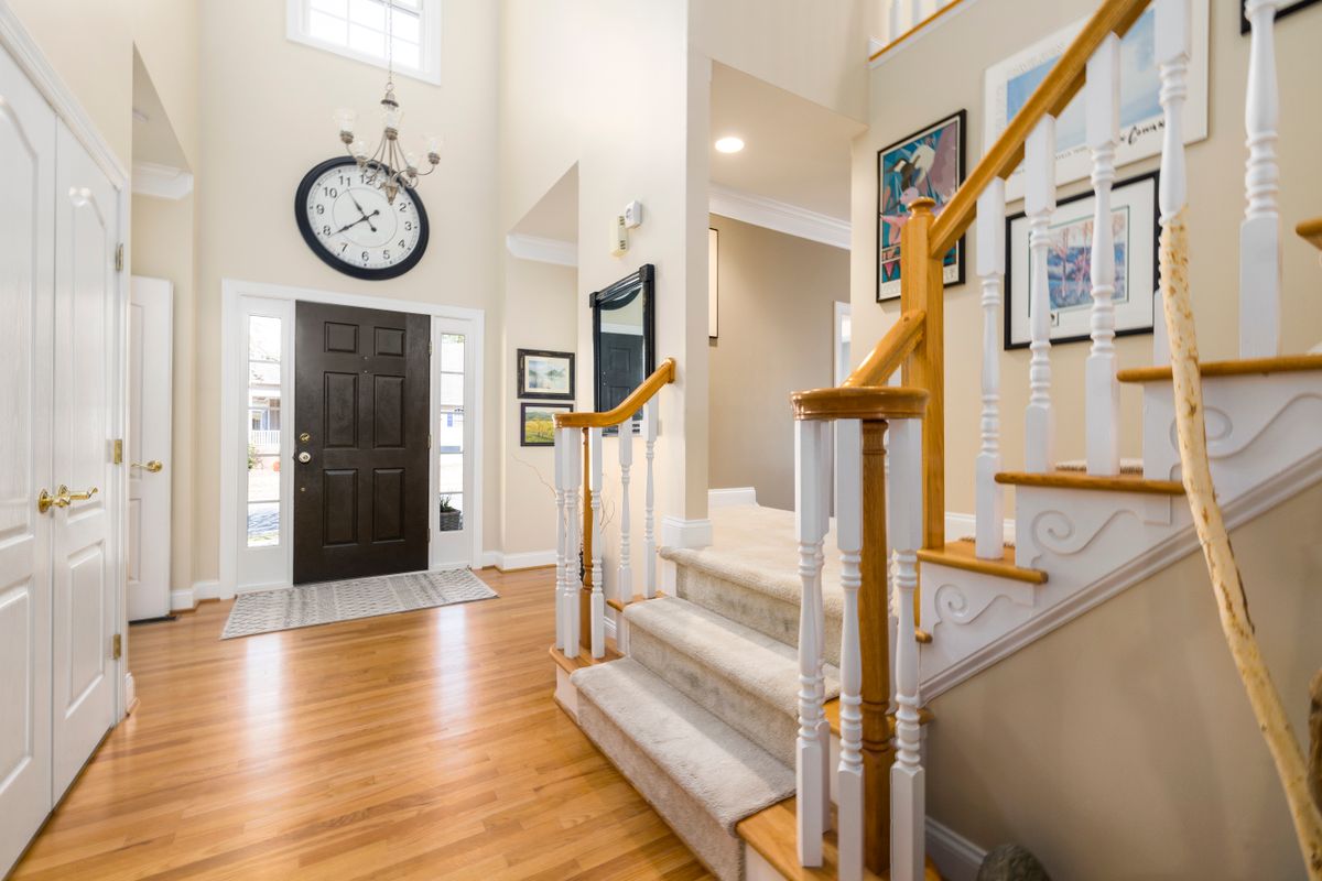 A carpeted staircase in a family home hallway A carpeted staircase in a family home hallway