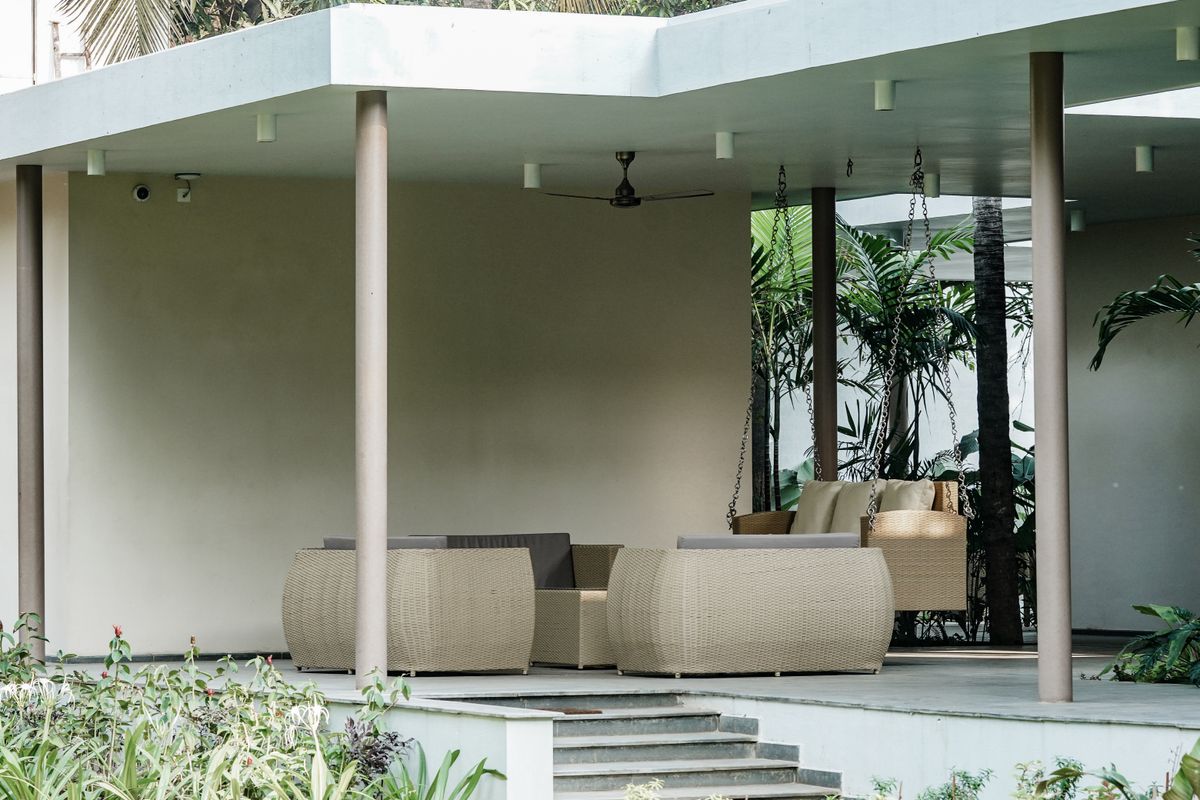 Covered outdoor seating on a patio Covered outdoor seating on a patio