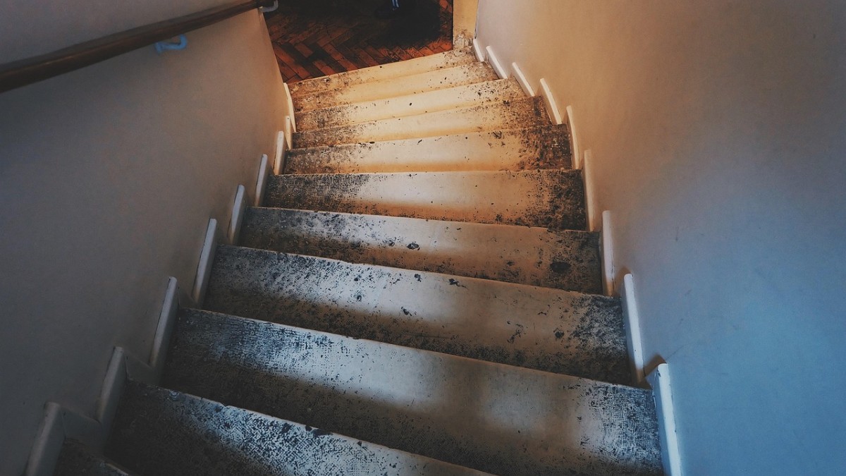 Indoor staircase at home in autumn light A domestic indoor staircase with a handrail