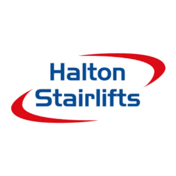 Halton Stairlifts logo in blue text with red curved swooshes on white background